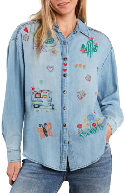 Billy T Moonflower Embroidered Shirt In Blue