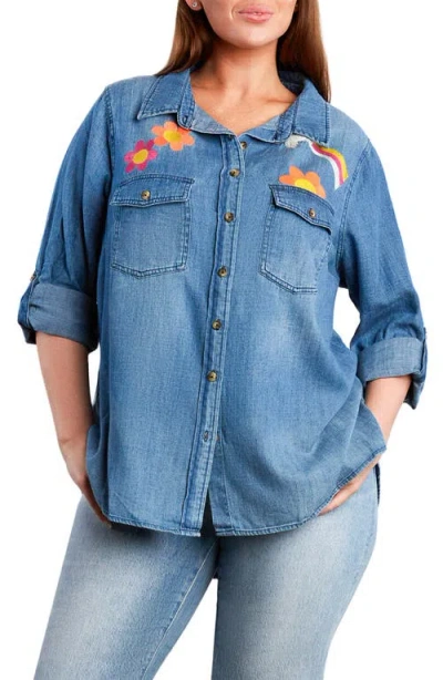 Billy T Peace & Love Embroidered Denim Button-up Shirt In Blue