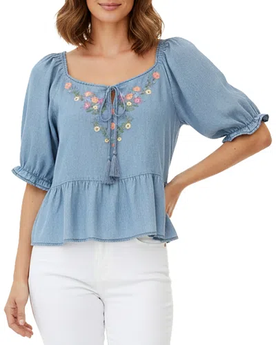 Billy T Petal Song Embroidered Denim Top In Blue