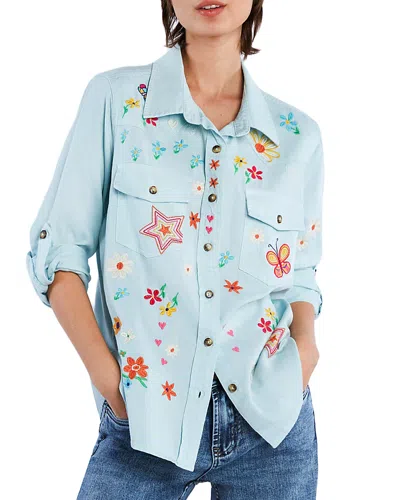 Billy T Sketchbook Embroidered Denim Shirt In Minty