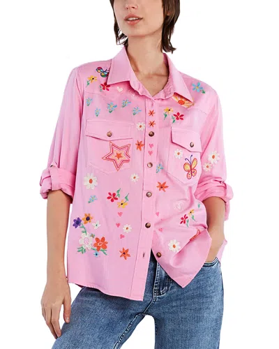 Billy T Sketchbook Embroidered Denim Shirt In Perfect Pink