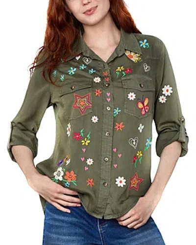 Billy T Sketchbook Embroidered Denim Shirt In Soft Olive