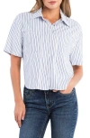 Billy T Spot On Stripe Linen Blend Crop Button-up Shirt In Navy Blue Stripes