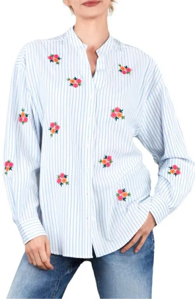 Billy T Spring Bloom Embroidered Stripe Shirt In Blue