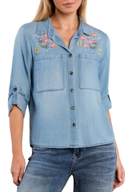 Billy T Summer Petal Embroidered Denim Shirt In Blue
