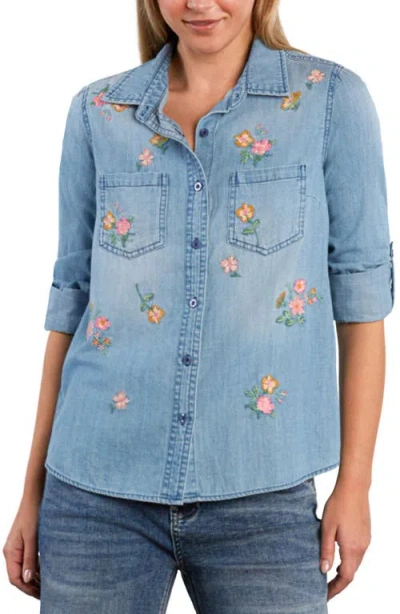 Billy T Sunset Floral Embroidered Shirt In Blue