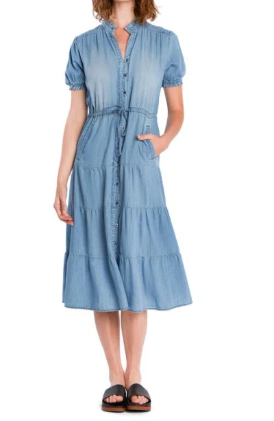 Billy T Tie Waist Tiered Chambray Midi Dress In Blue