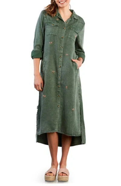 Billy T Upstate Floral Embroidered Long Sleeve High-low Chambray Shirtdress In Green