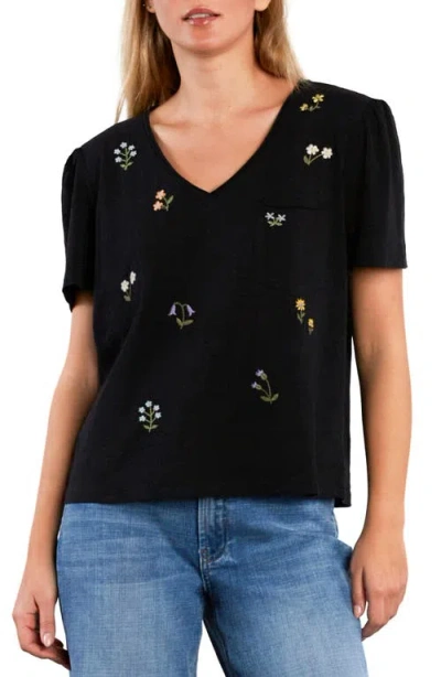 Billy T Wild Meadow Embroidered Puff Sleeve Cotton T-shirt In Black