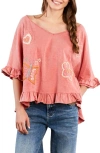 Billy T Worry Free Embroidered Ruffle Cotton Top In Pink