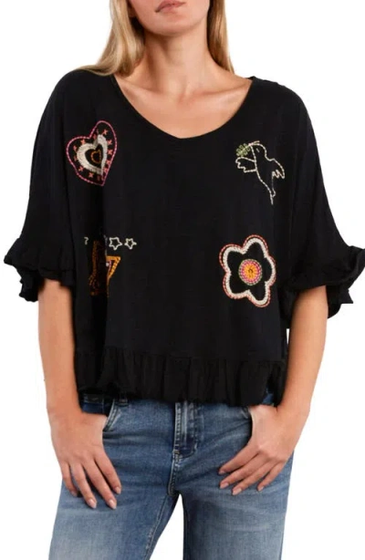 Billy T Worry Free Embroidered Ruffle Cotton Top In Black