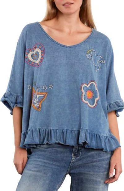 Billy T Worry Free Embroidered Ruffle Cotton Top In Blue
