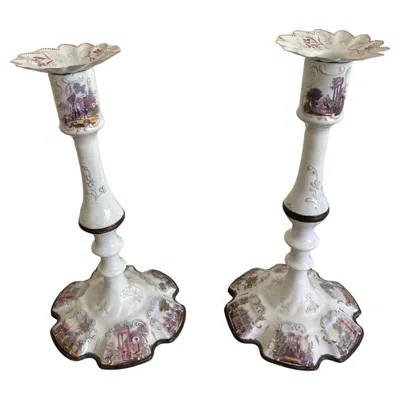 Pre-owned Bilston Battersea Bilston Enamel Candlesticks, Lilac Landscape Reserves & Gilt Details, C1780 In Gray