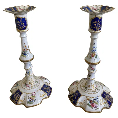 Pre-owned Bilston Battersea Georgian Bilston Enamel Candlesticks, Blue Reserves & Polychrome Florals, C1780