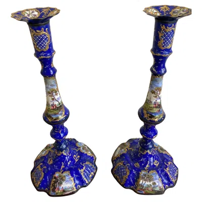 Pre-owned Bilston Battersea Large Bilston Enamel Candlesticks, Cobalt Blue With Gilt & Scenic Reserves C1780