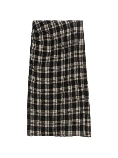 Bimba Y Lola Black Checked Straight Wool Skirt