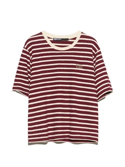 Bimba Y Lola Boxy Terry Cotton T-shirt With Maroon Stripes In Burgundy
