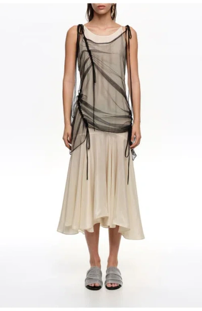 Bimba Y Lola Camisole Dress With Mesh Overlay In Neutral