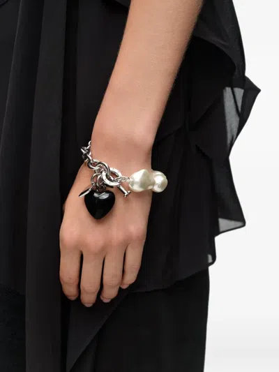 Bimba Y Lola Chain And Pearl Black Heart Bracelet In Metallic
