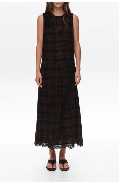 Bimba Y Lola Dark Brown Checked Midi Dress With Lace Details