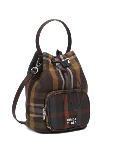 Bimba Y Lola Coated Chocolate Green Tartan Bucket Bag In Multi