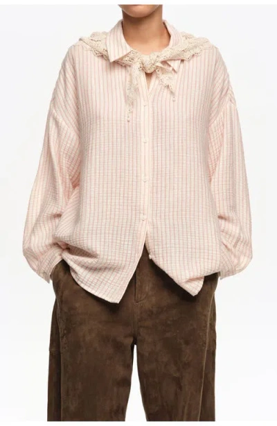 Bimba Y Lola Cotton Shirt With Crochet Scarf Detail In Neutral