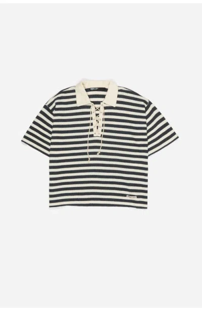 Bimba Y Lola Black Striped T-shirt With Adjustable Polo Shirt Collar In Multi