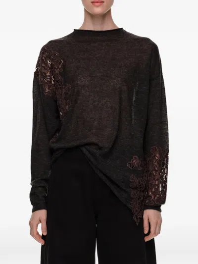 Bimba Y Lola Dark Gray Wool High Neck Sweater With Lace Detailing In Yellow