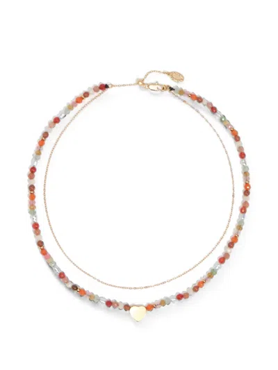 Bimba Y Lola Double Heart Necklace With Brown Stone Logo In Gold