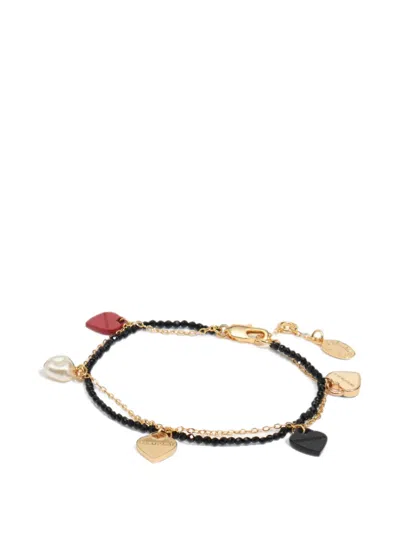 Bimba Y Lola Double-chain Bracelet With Black Crystal Hearts And Logo In Gold