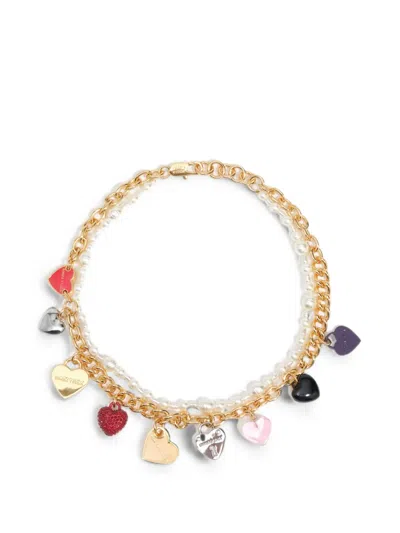 Bimba Y Lola Double-chain Necklace With Pearl Hearts And Logo In Multi