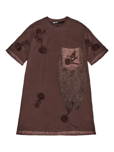 Bimba Y Lola Embroidered Fringed Dress In Brown