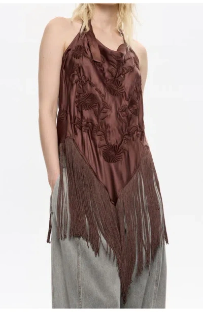Bimba Y Lola Embroidered Fringed Halter Top In Brown
