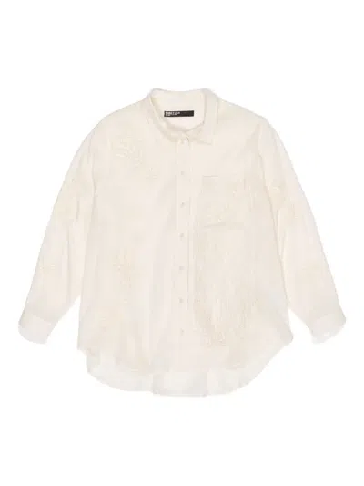 Bimba Y Lola Floral-embroidered Fringed Shirt In Neutral