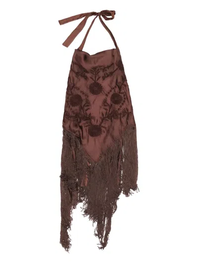 Bimba Y Lola Floral-embroidered Fringed Top In Burgundy