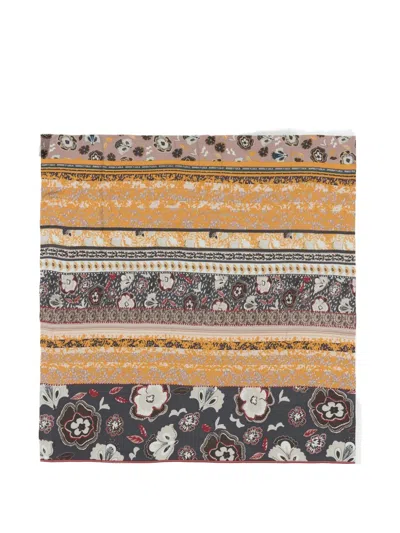Bimba Y Lola Graphite Striped Shawl With Paisley And Floral Design In Brown