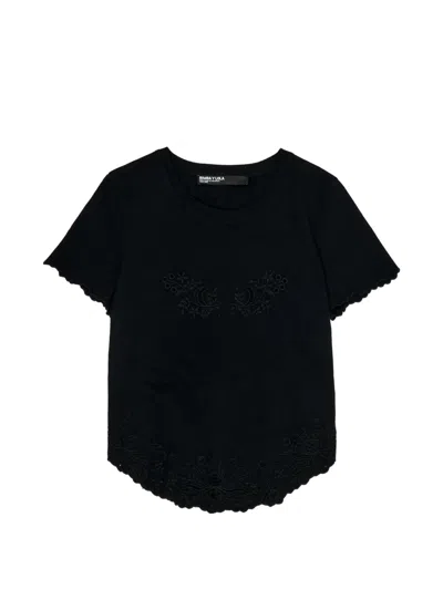 Bimba Y Lola Floral-embroidered Scalloped-trim T-shirt In Black