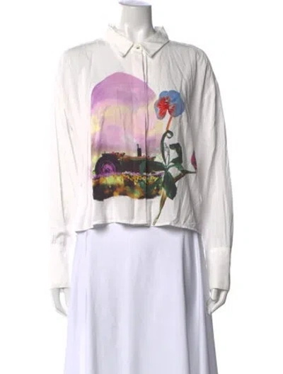 Pre-owned Bimba Y Lola Graphic Print Long Sleeve Button-up Top In White