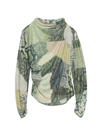 Bimba Y Lola Green Snake-patchwork Ruched Tulle T-shirt