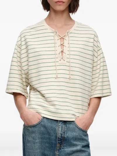 Bimba Y Lola Green Striped Adjustable Crew Neck T-shirt In White