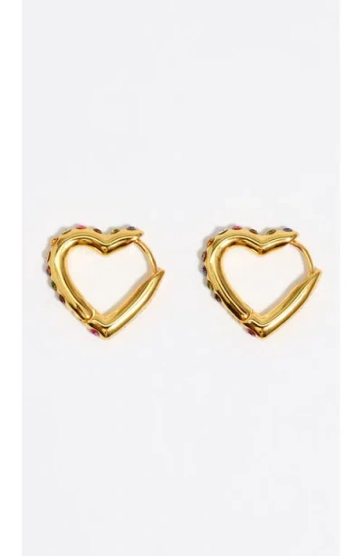Bimba Y Lola Heart Hoop Multicolor Crystals Earrings In Gold