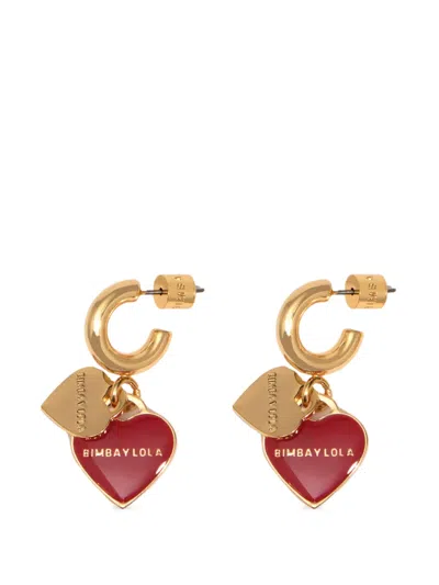 Bimba Y Lola Hoop Earrings With Double Heart Logo In Dark Red In Gold