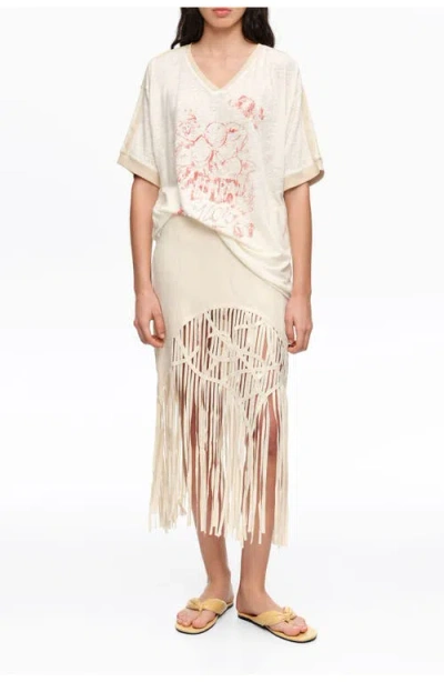 Bimba Y Lola Irregular Fringed Linen Skirt In Neutral