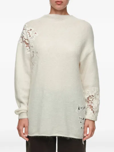 Bimba Y Lola Ivory Alpaca High-neck Sweater With Lace Detailing In Neutral