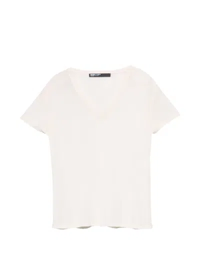 Bimba Y Lola Ivory Fluid V-neck T-shirt In White