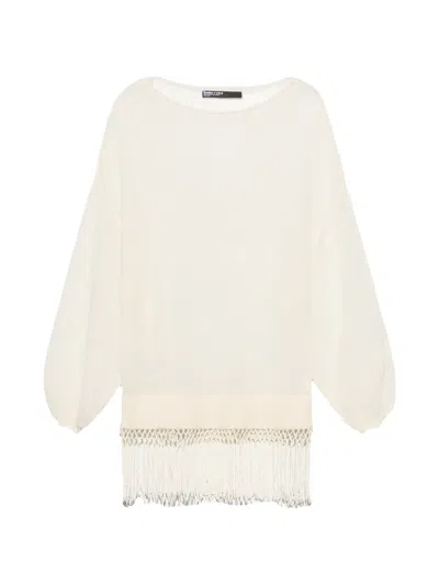 Bimba Y Lola Ivory Mohair Sweater With Fringe In Neutral