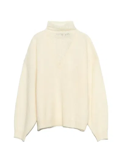 Bimba Y Lola Ivory Wool Openwork High-neck Sweater In Yellow