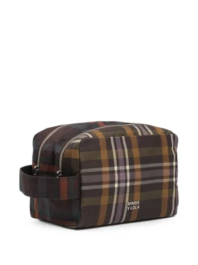 Bimba Y Lola Large Coated Chocolate Green Tartan Double Make-up Case In Brown