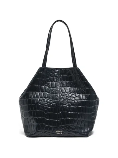Bimba Y Lola Large Croc-embossed Tote Bag In Black