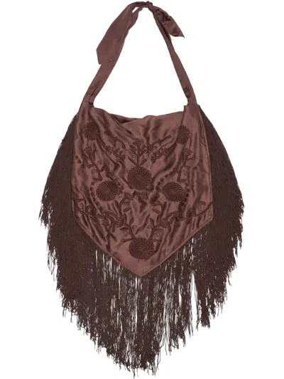Bimba Y Lola Large Embroidered Fringed Shoulder Bag In Brown